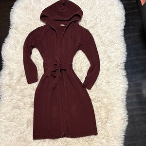 Hooded tie around burgundy sweater